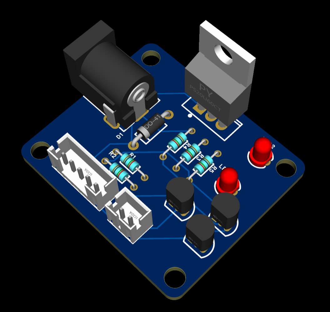 3D render of the populated board: a TO-220 MOSFET, a DO-41 diode near the barrel jack, three TO-92 transistors, axial resistors, two red 3 mm LEDs, the black DC barrel jack, and two JST connectors on a blue PCB.
