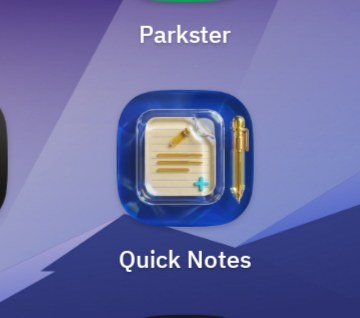 Close-up of an Android home screen showing the Quick Notes app icon: a small notepad-and-pen glyph inside a bevelled blue rounded square. Half of a neighbouring 'Parkster' icon is visible to the left.